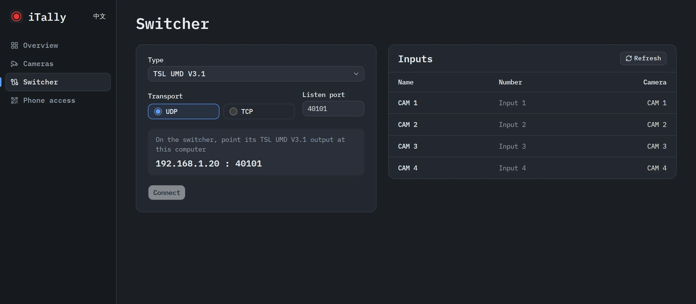 The Switcher page of the iTally console: TSL UMD V3.1 on a UDP port, with the inputs received and their cameras