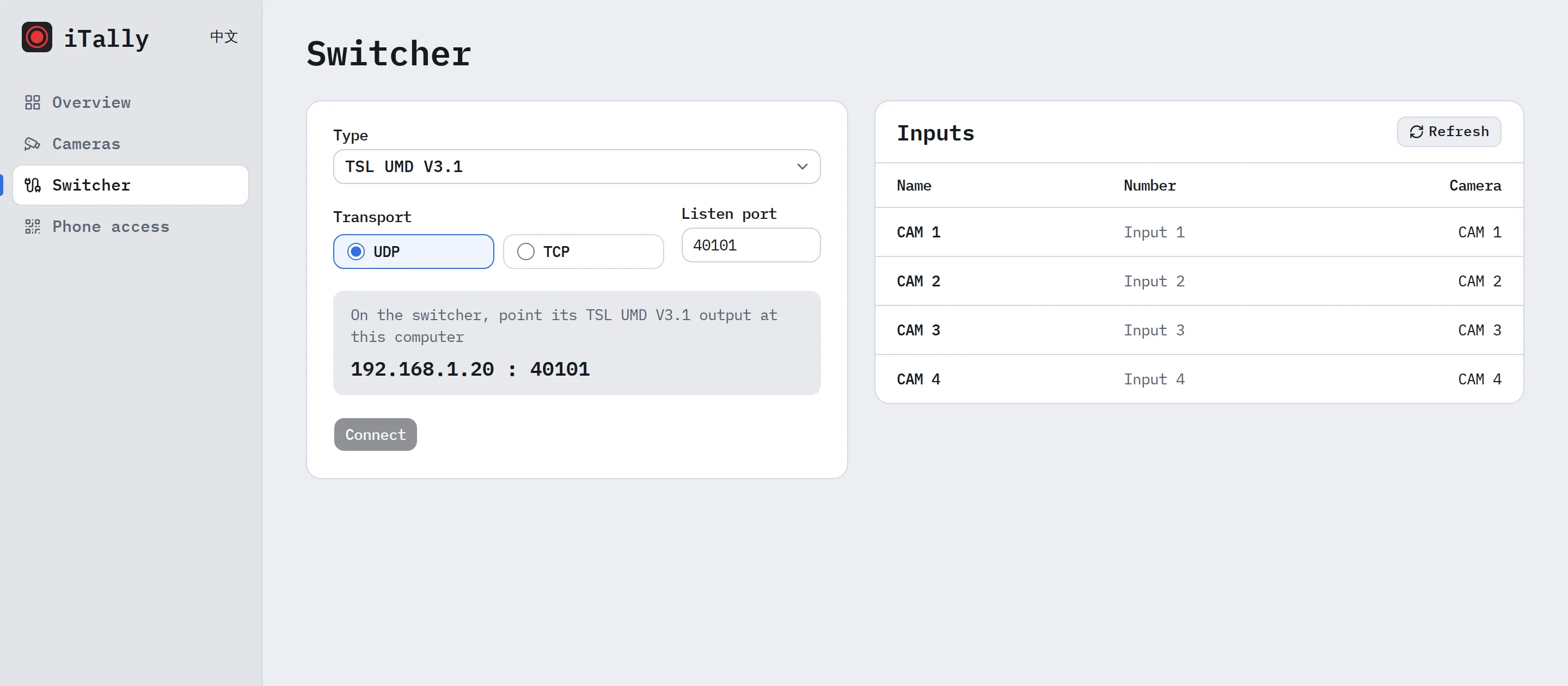 The Switcher page of the iTally console: TSL UMD V3.1 on a UDP port, with the inputs received and their cameras